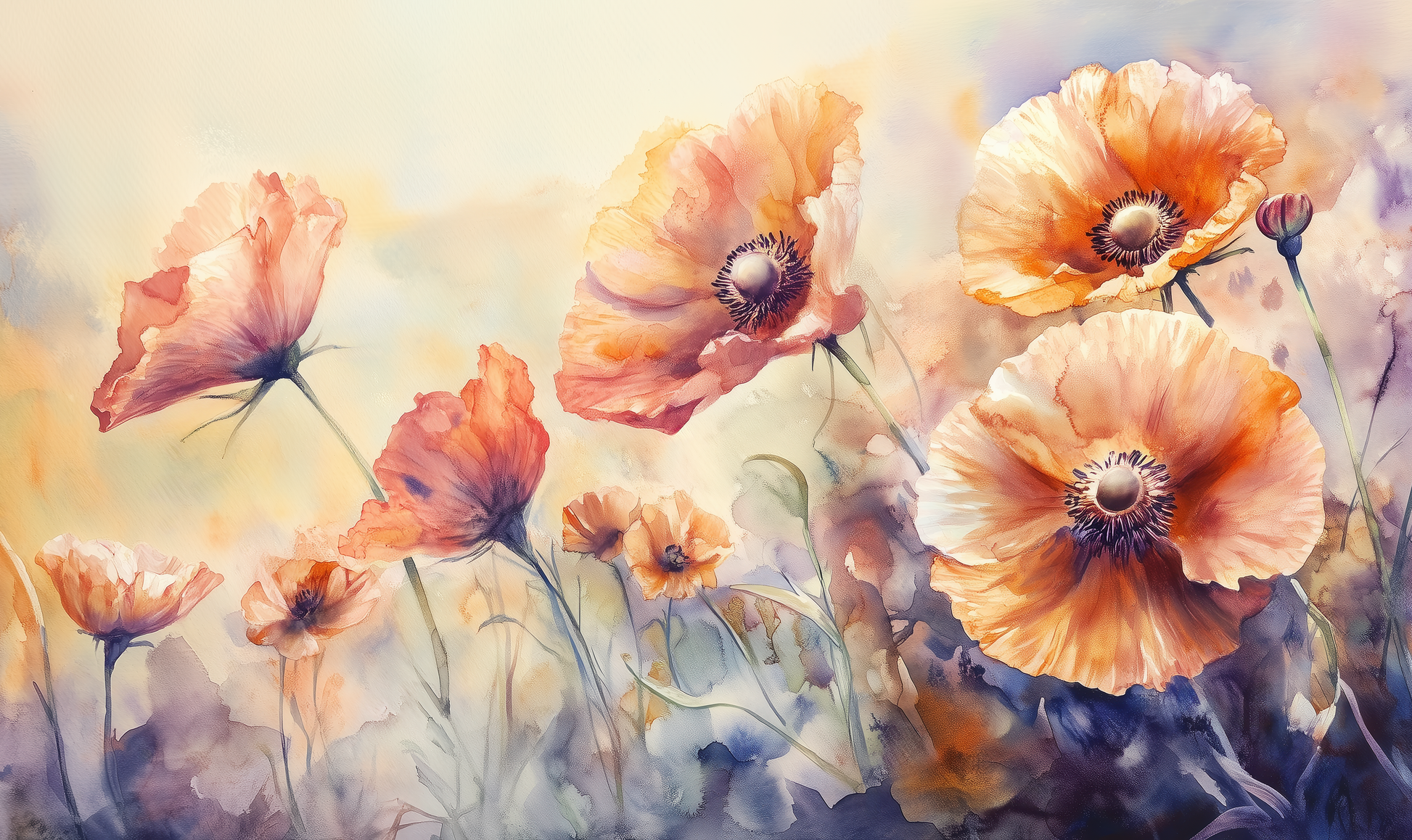 Sommerliche Blumentapete Midsommerflor – Aquarell-Mohnblumen in Rosé und Lavendel – selbstklebende Wandgestaltung