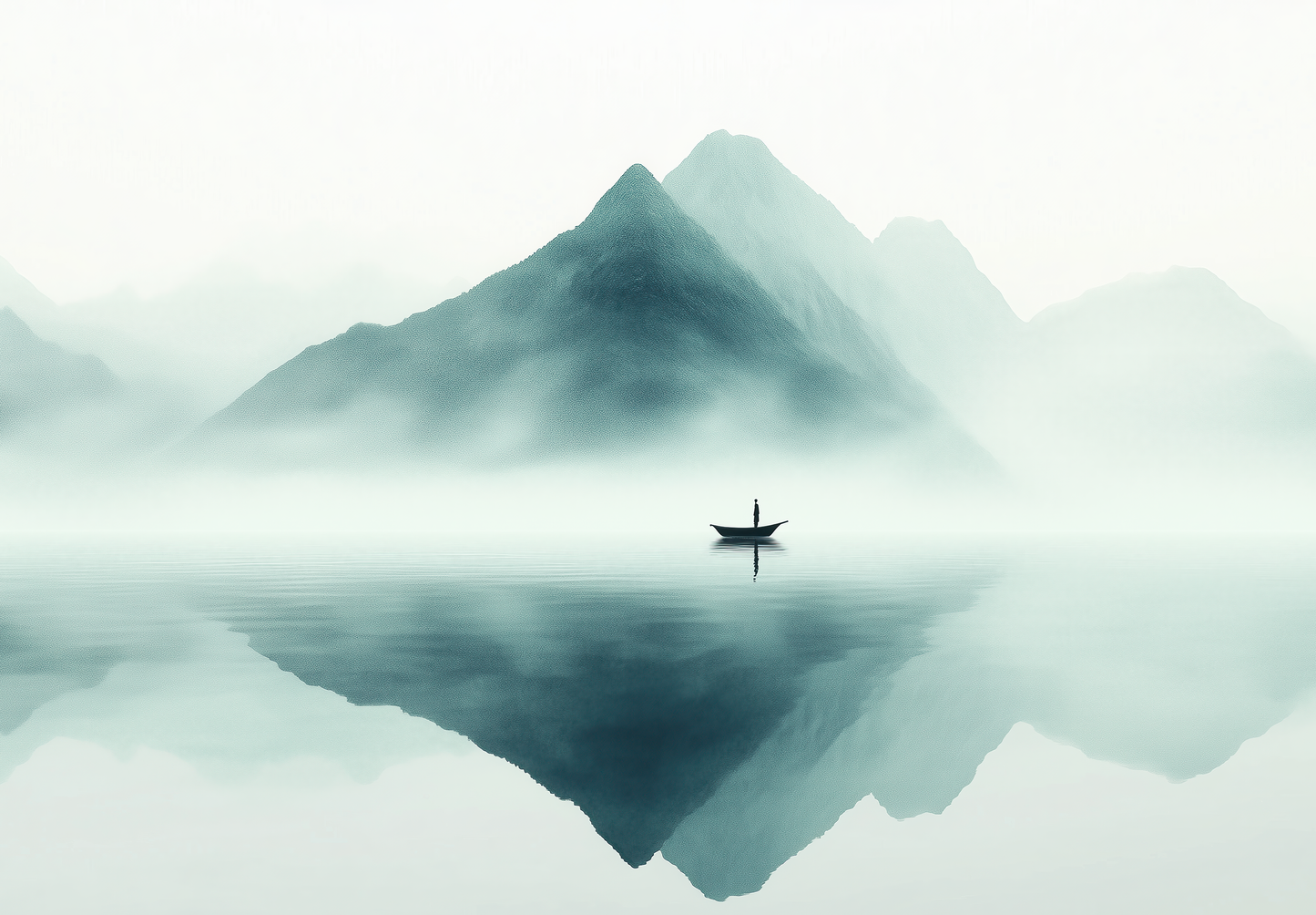 Lautlose Weite – Selbstklebende Digitaltapete im Japandi-Stil mit Boot & Nebel