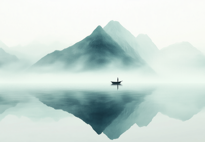 Lautlose Weite – Selbstklebende Digitaltapete im Japandi-Stil mit Boot & Nebel