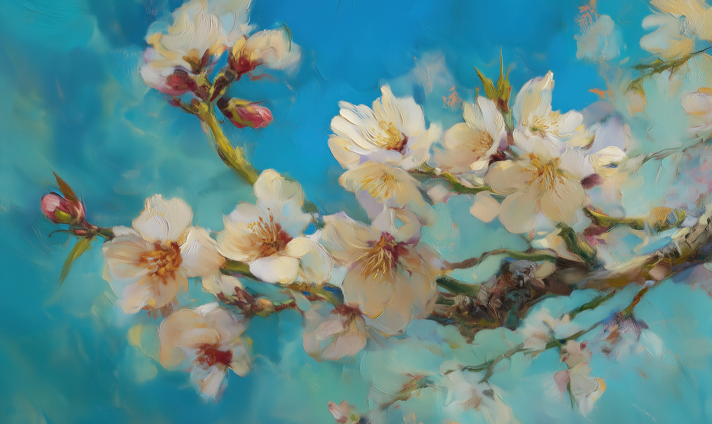 Florale Tapete Blauzeit – Mandelblüten in zartem Blau – Digitaltapete selbstklebend für Schlafzimmer oder Wohnbereich
