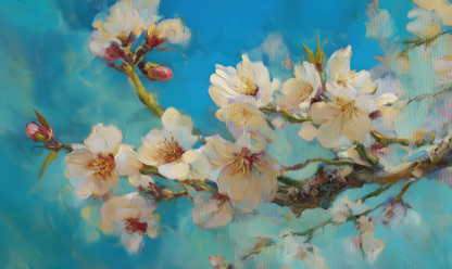 Florale Tapete Blauzeit – Mandelblüten in zartem Blau – Digitaltapete selbstklebend für Schlafzimmer oder Wohnbereich