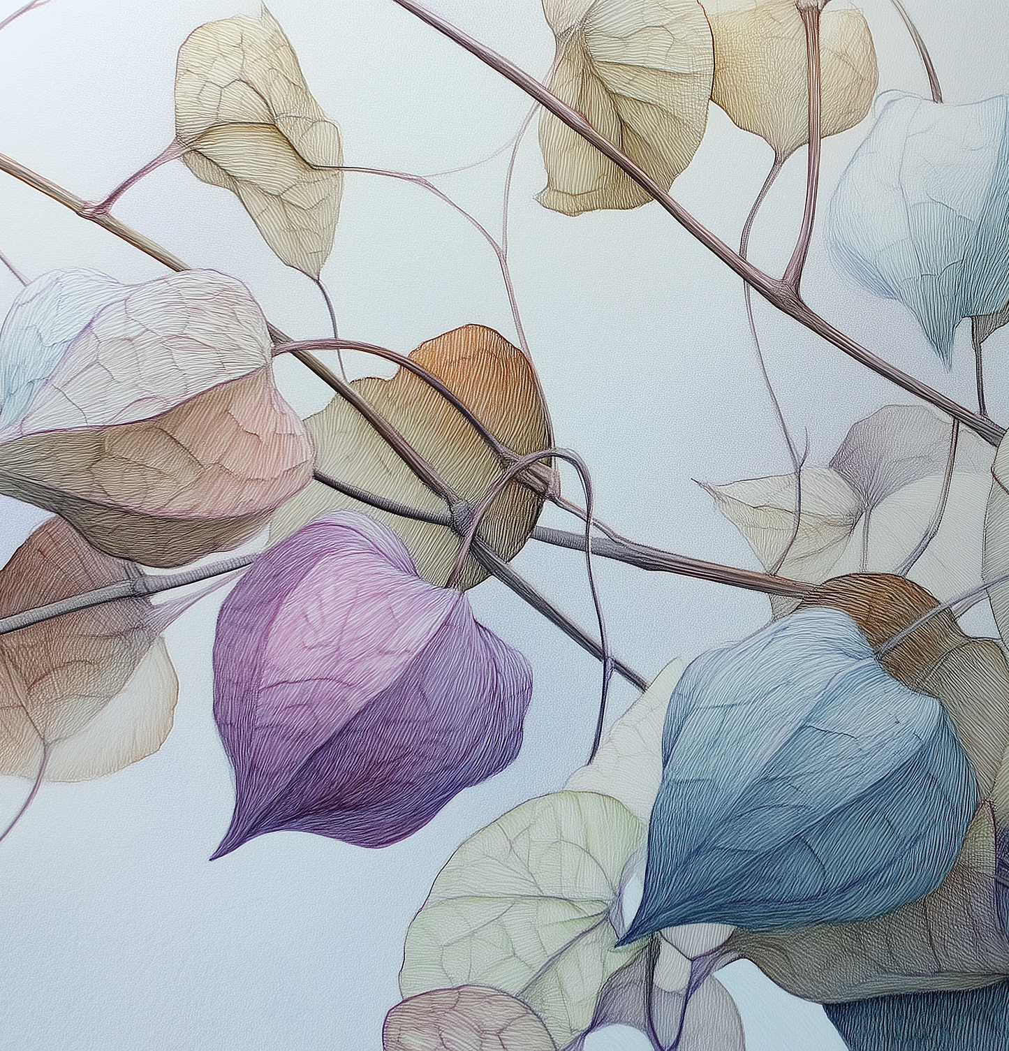 Filigrane Blätter in Pastelltönen auf hellblauem Hintergrund – botanische Illustration als Wandtapete