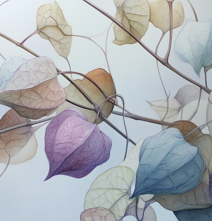 Filigrane Blätter in Pastelltönen auf hellblauem Hintergrund – botanische Illustration als Wandtapete