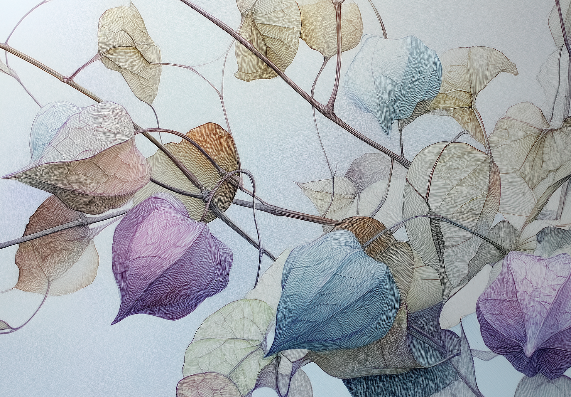Filigrane Blätter in Pastelltönen auf hellblauem Hintergrund – botanische Illustration als Wandtapete