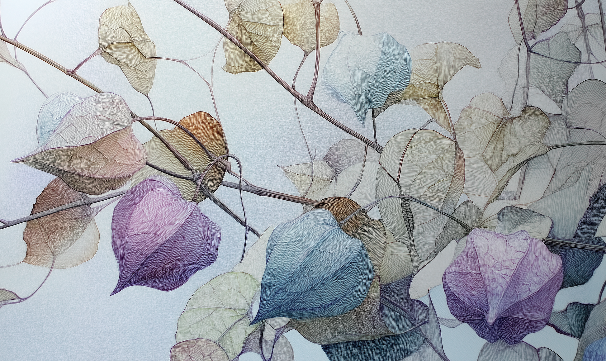 Filigrane Blätter in Pastelltönen auf hellblauem Hintergrund – botanische Illustration als Wandtapete
