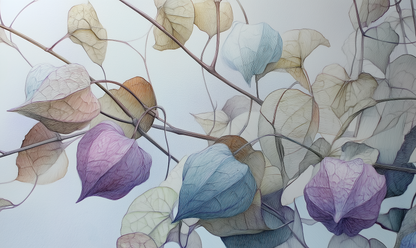Filigrane Blätter in Pastelltönen auf hellblauem Hintergrund – botanische Illustration als Wandtapete