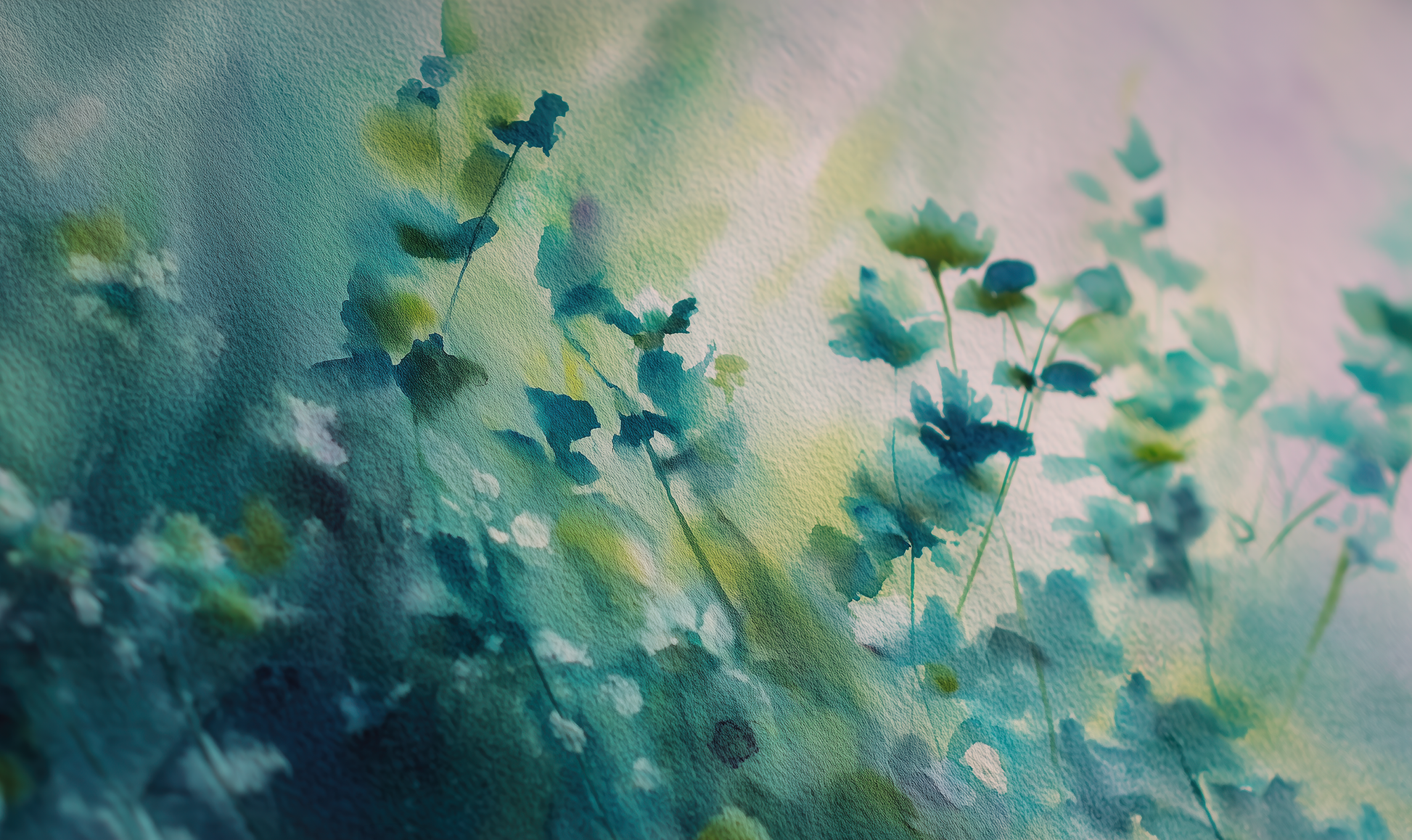 Aquarellartige Digitaltapete mit blauen und grünen Blättern – sanftes Naturmotiv