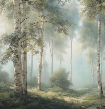 Digitaltapete mit Birkenwald im Morgendunst – neblige Waldszene mit Licht und Tiefe