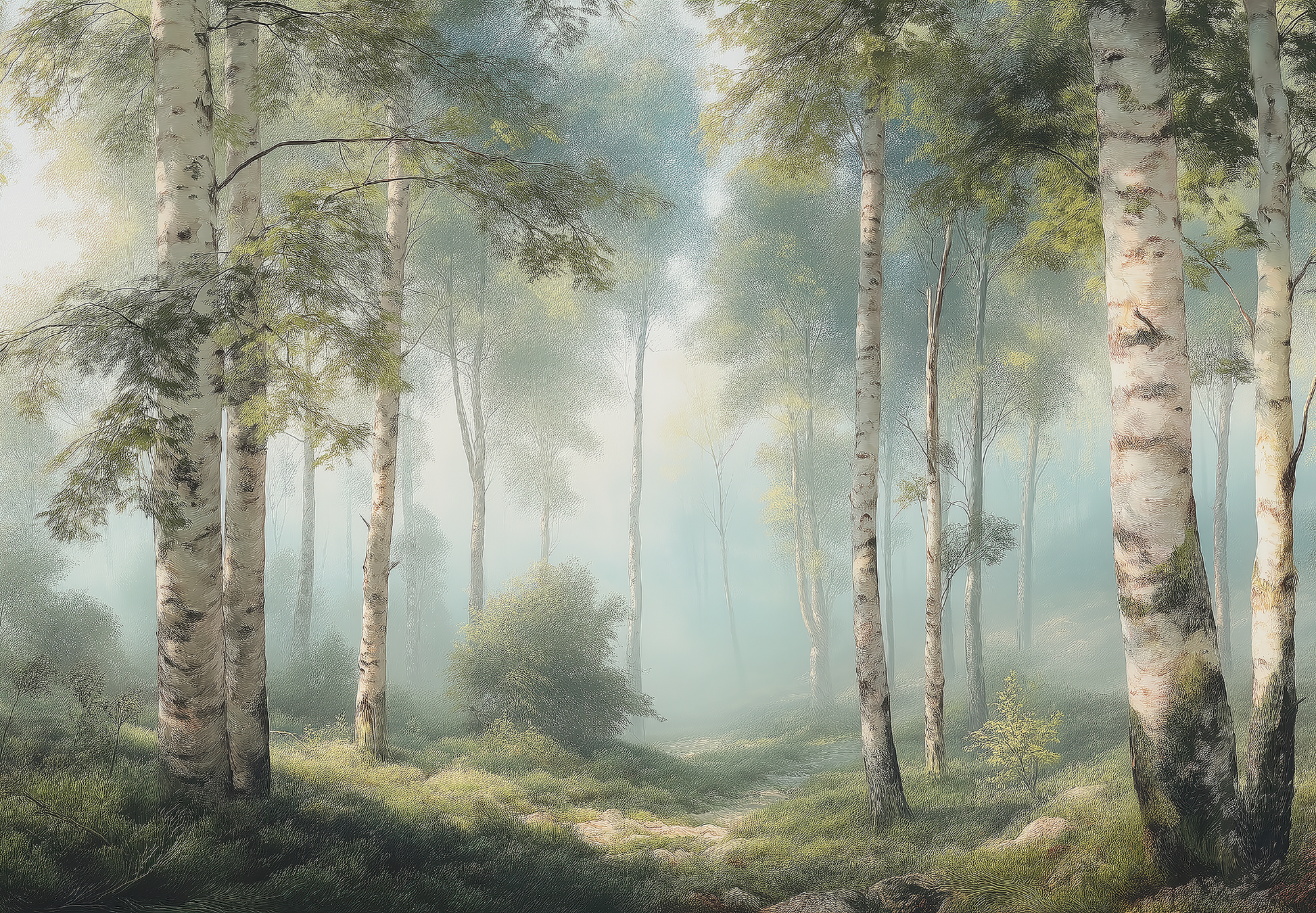 Digitaltapete mit Birkenwald im Morgendunst – neblige Waldszene mit Licht und Tiefe