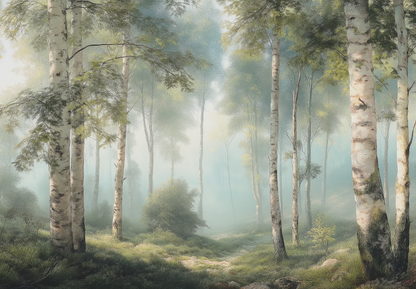 Digitaltapete mit Birkenwald im Morgendunst – neblige Waldszene mit Licht und Tiefe