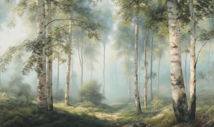 Digitaltapete mit Birkenwald im Morgendunst – neblige Waldszene mit Licht und Tiefe