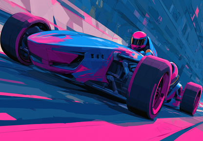 Futuristischer Rennwagen im Neonstil – digital illustrierte Wandtapete mit pink-blauen Farbakzenten, dynamischer Perspektive und urbanem Gaming-Look