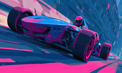 Futuristischer Rennwagen im Neonstil – digital illustrierte Wandtapete mit pink-blauen Farbakzenten, dynamischer Perspektive und urbanem Gaming-Look