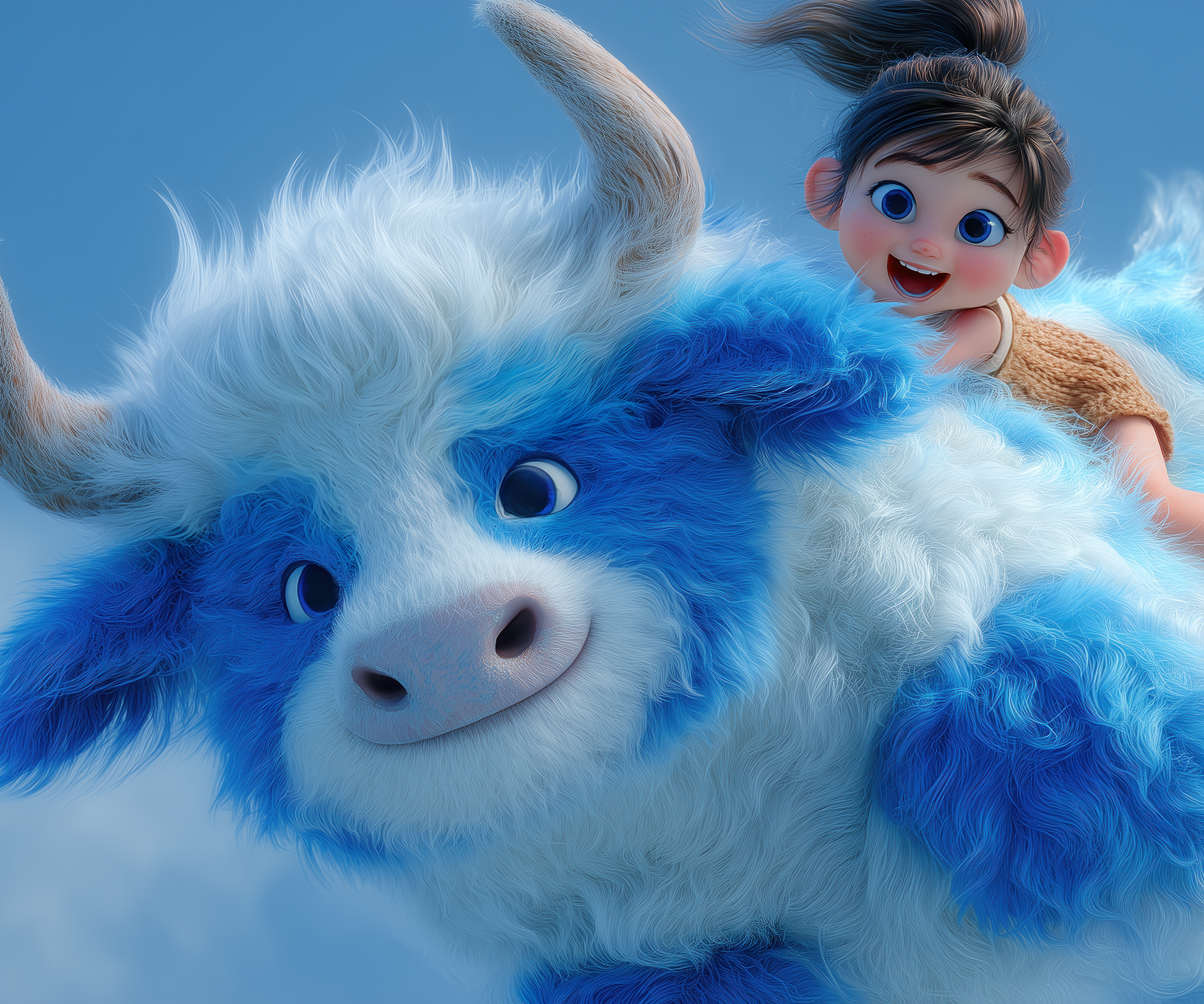 Fröhliches Kind reitet auf fliegendem, flauschigem blau-weißen Fantasietier im Himmel – animierter Stil, kindlich und magisch