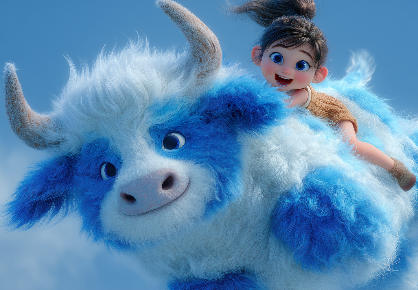 Fröhliches Kind reitet auf fliegendem, flauschigem blau-weißen Fantasietier im Himmel – animierter Stil, kindlich und magisch