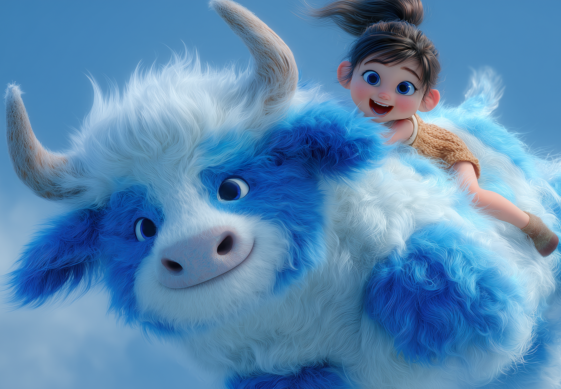 Fröhliches Kind reitet auf fliegendem, flauschigem blau-weißen Fantasietier im Himmel – animierter Stil, kindlich und magisch