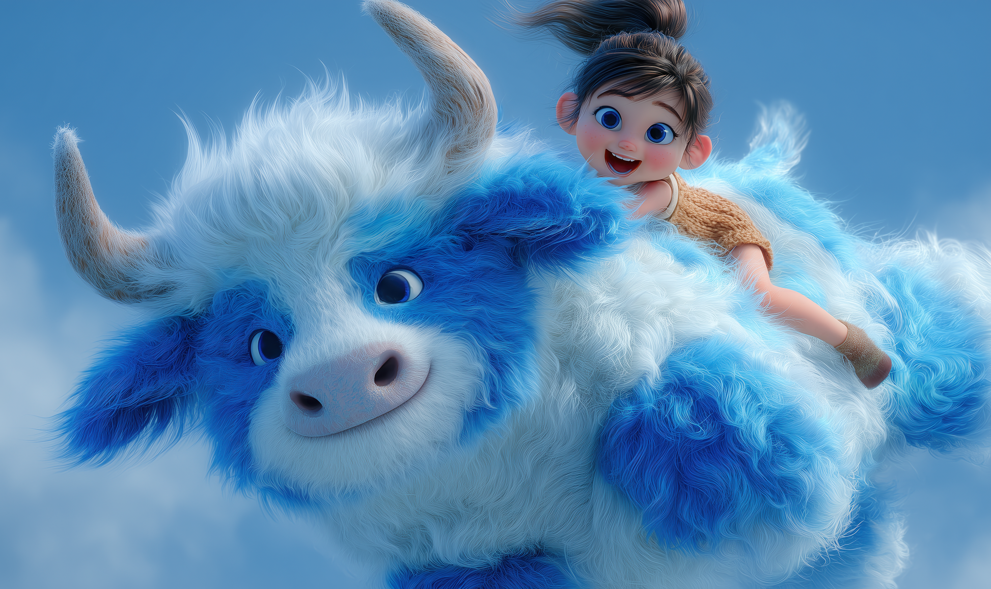 Fröhliches Kind reitet auf fliegendem, flauschigem blau-weißen Fantasietier im Himmel – animierter Stil, kindlich und magisch