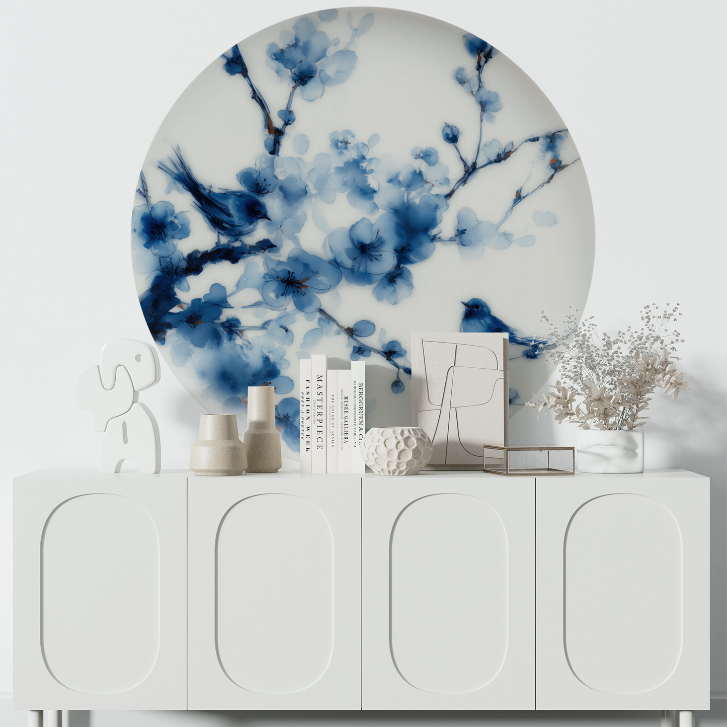 Wandsticker selbstklebend „Dot“ – Blaues Blumen- & Vogelmotiv im Kreisdesign | Wall of Nova