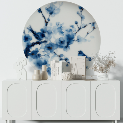 Wandsticker selbstklebend „Dot“ – Blaues Blumen- & Vogelmotiv im Kreisdesign | Wall of Nova