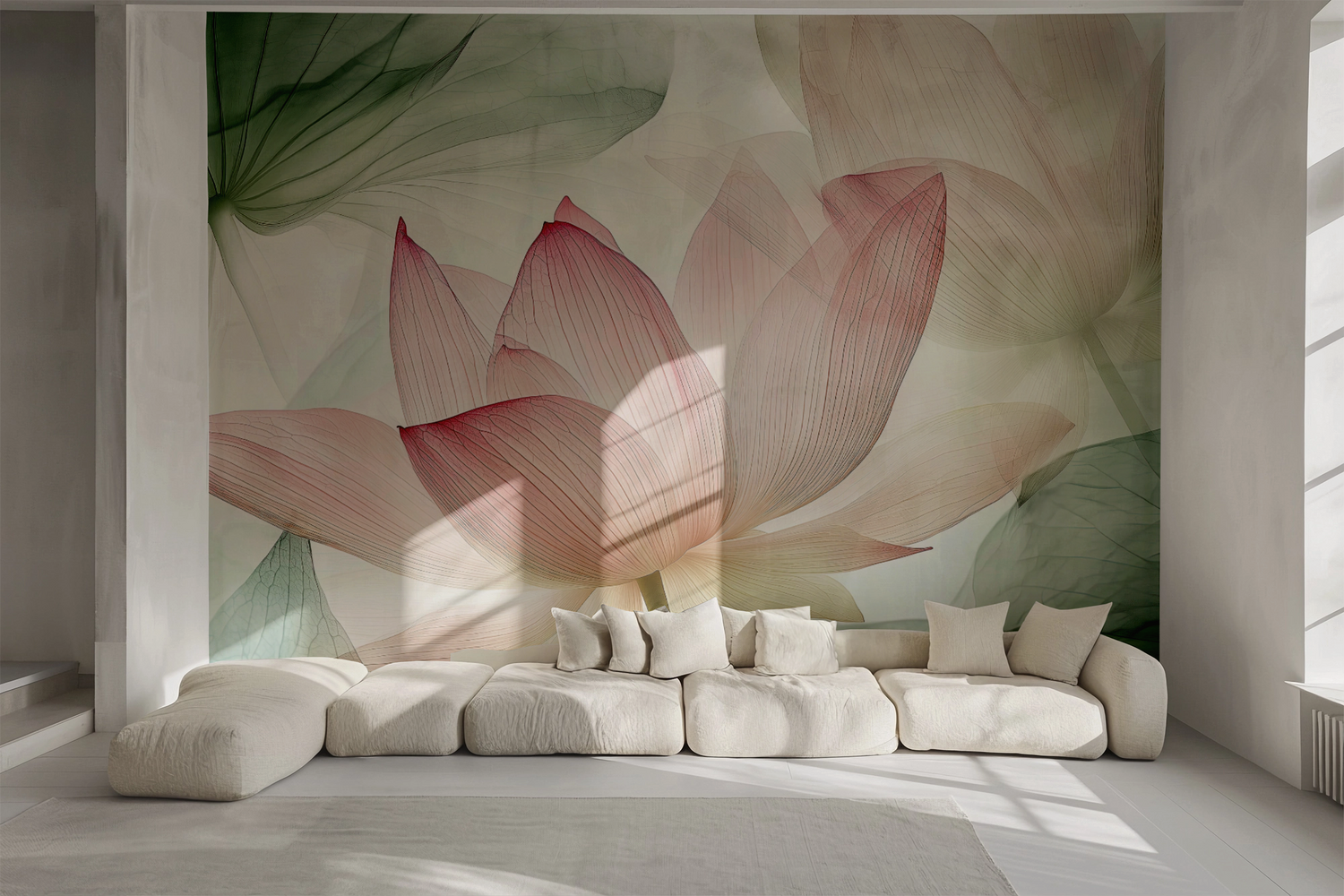 Lotusblüten-Tapete in Rosé und Grün – selbstklebende Vliestapete im Aquarellstil