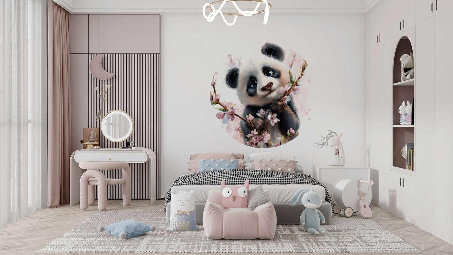 Selbstklebender Panda Wandsticker mit Kirschblüten im modernen Kinderzimmer in Pastellfarben 1