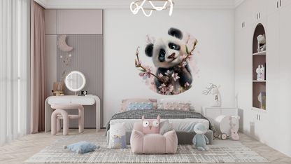Selbstklebender Panda Wandsticker mit Kirschblüten im modernen Kinderzimmer in Pastellfarben 1