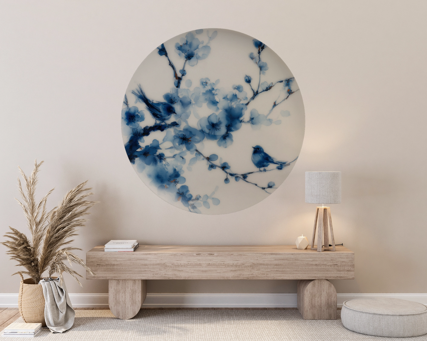 Wandsticker selbstklebend „Dot“ – Blaues Blumen- & Vogelmotiv im Kreisdesign | Wall of Nova