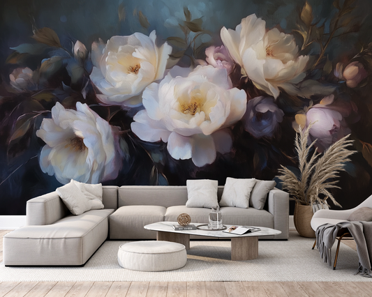 Velvet Bloom - Selbstklebende Digitaltapete mit dunklem Blumenmotiv