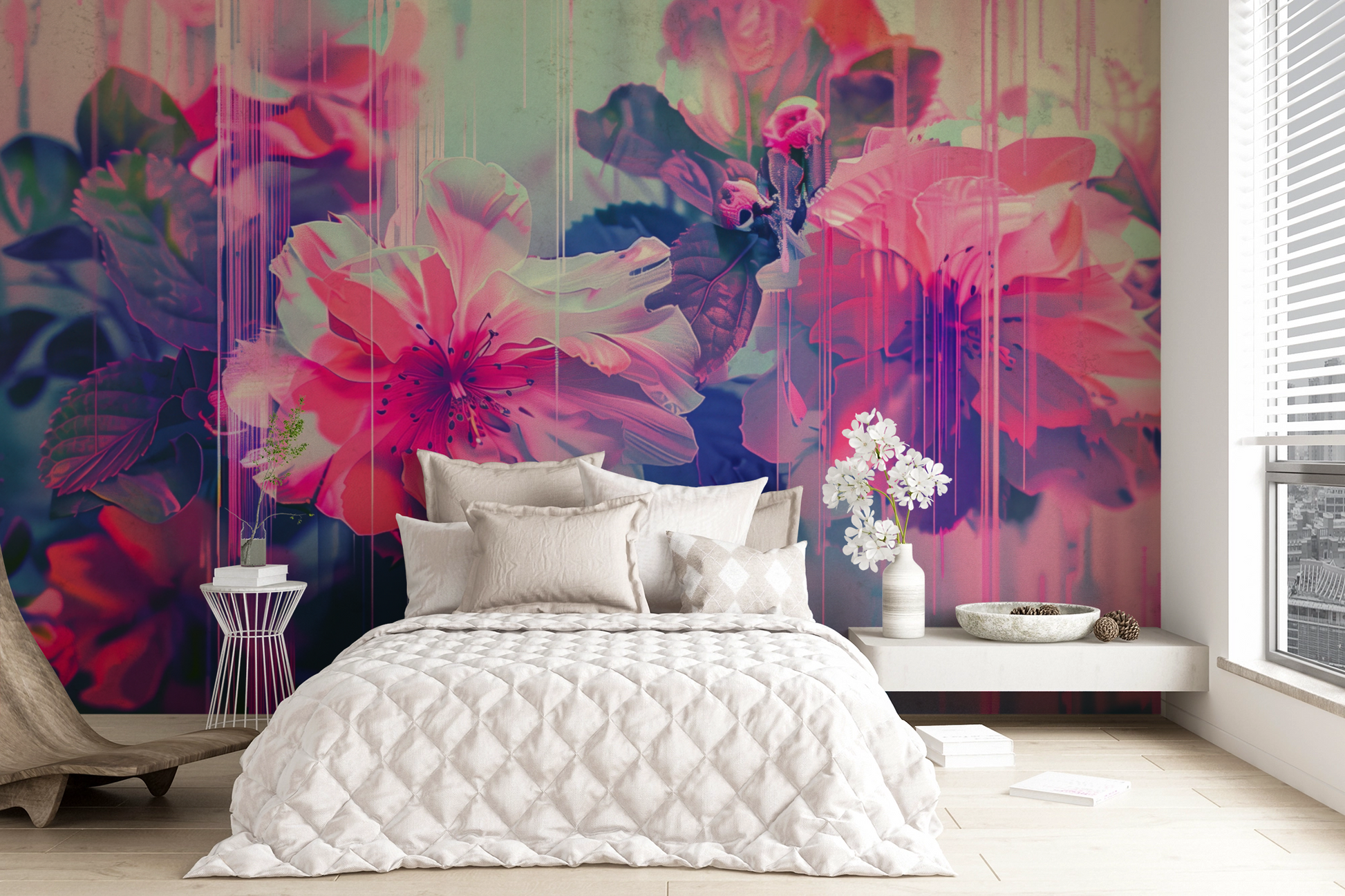 Entdecken Sie Bloomshift – die selbstklebende Tapete mit floralen Glitch-Effekten in Pink & Violett. Ideal für kreative Räume, moderne Wohnideen & stilvolle Interieurs.