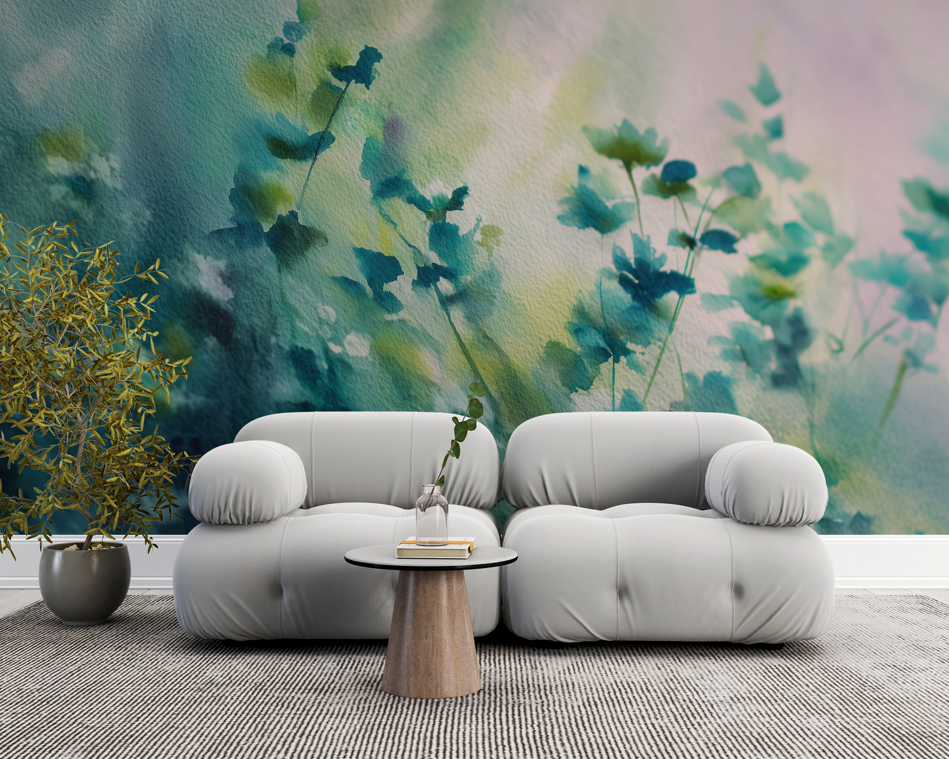 Aquarellartige Digitaltapete mit blauen und grünen Blättern – sanftes Naturmotiv