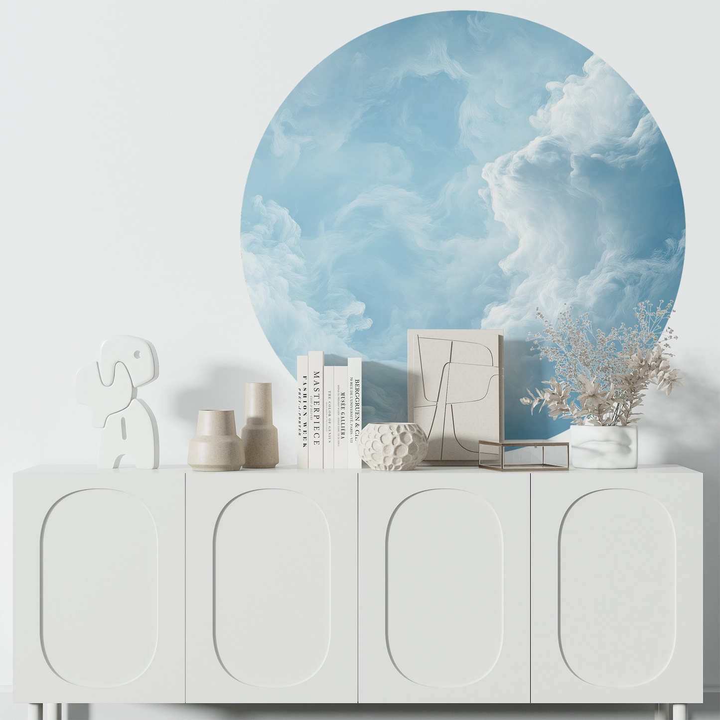 Cloud Bloom – Runder Wandsticker mit pastellfarbener Wolkenkomposition