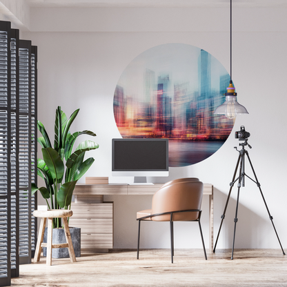 City Glow – Runder Wandsticker mit urbaner Skyline im Abendlicht