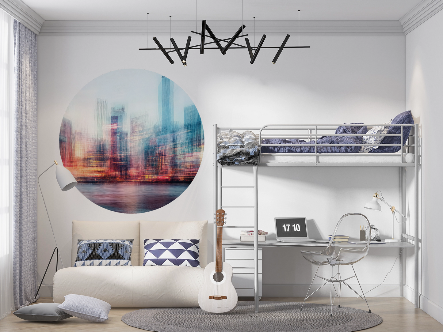City Glow – Runder Wandsticker mit urbaner Skyline im Abendlicht