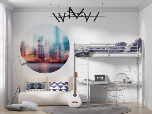 City Glow – Runder Wandsticker mit urbaner Skyline im Abendlicht