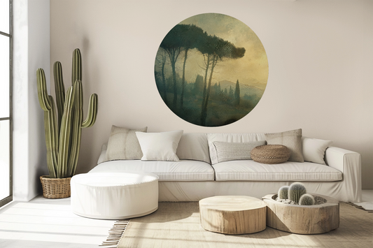 Toscana Nebeltraum – Runder Wandsticker mit nebelverhangener Landschaft