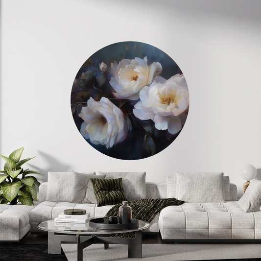 Mitternachtsblüte – Runder Wandsticker mit Rosenmotiv auf dunklem Grund