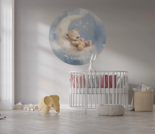 Runder Wandsticker „My Little Boy“ mit schlafendem Teddybär auf einer Mondsichel in Blau für Babyzimmer