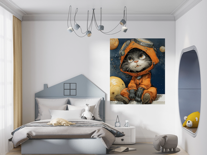 Runder Wandsticker (120x100 cm) mit verspieltem Astronauten-Katzen-Motiv im Weltall, gedruckt auf selbstklebendem Vlies.