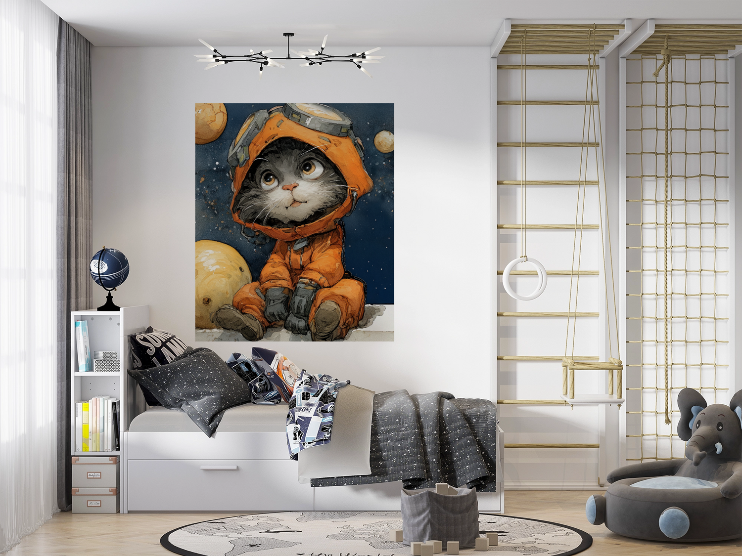 Runder Wandsticker (120x100 cm) mit verspieltem Astronauten-Katzen-Motiv im Weltall, gedruckt auf selbstklebendem Vlies.