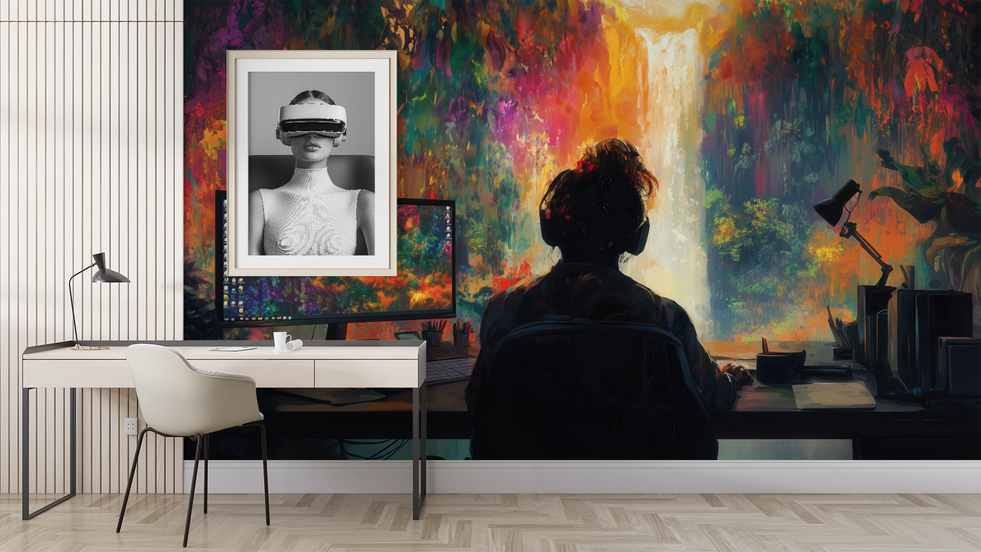 Person am Schreibtisch mit Headset vor farbenfrohem Wasserfall – digitale Kunsttapete
