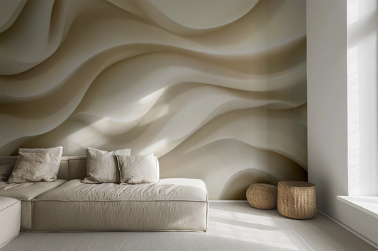 Selbstklebende Digitaltapete Satin Strömung mit fließenden Linien in Elfenbein, Vanille und Sandtönen – elegantes, minimalistisches Wanddesign
