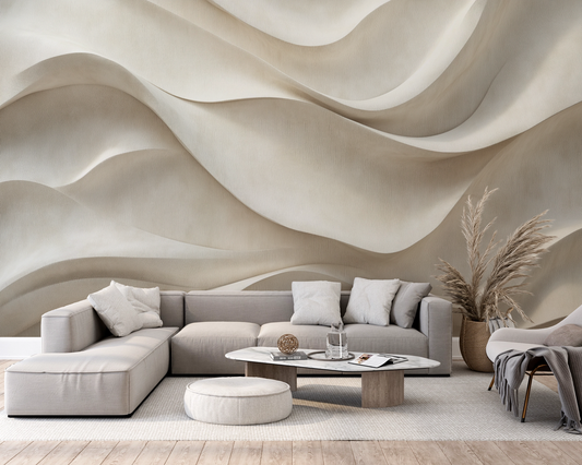 Selbstklebende Tapete „Fließendes Leinen“ – wellenartige Sandstruktur in Beige und Elfenbein, stoffartige Oberfläche