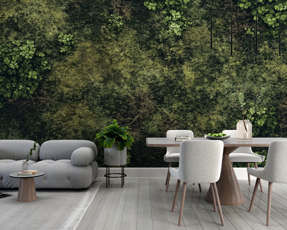 Selbstklebende Tapete mit abstrakter Waldstruktur in Moosgrün, Oliv und Braun – Design Moosgeflecht für natürliche Raumwirkung