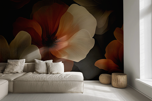 Florale Vliestapete „Amber Whisper“ in Bernsteintönen mit feinen Linien und eleganter Struktur für stilvolle Raumgestaltung