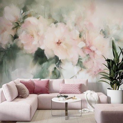 Selbstklebende Aquarell-Tapete mit floralen Rosé-Elementen auf Vlies – sanftes Design für feminine Räume.