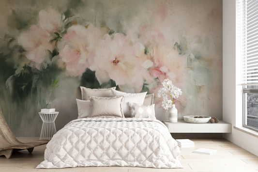 Selbstklebende Aquarell-Tapete mit floralen Rosé-Elementen auf Vlies – sanftes Design für feminine Räume.