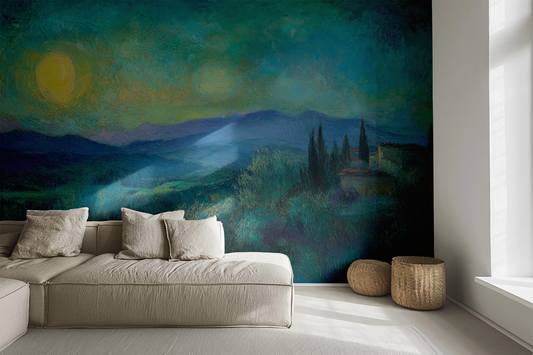 Digitale Wandtapete mit impressionistischer Landschaft und toskanischen Hügeln in Pastelltönen – Toskanischer Traum
