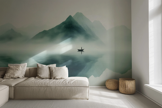 Lautlose Weite“ im Japandi-Stil mit Boot in nebeliger Landschaft – ruhige Wandgestaltung mit Naturmotiv und weichen Farbtönen.