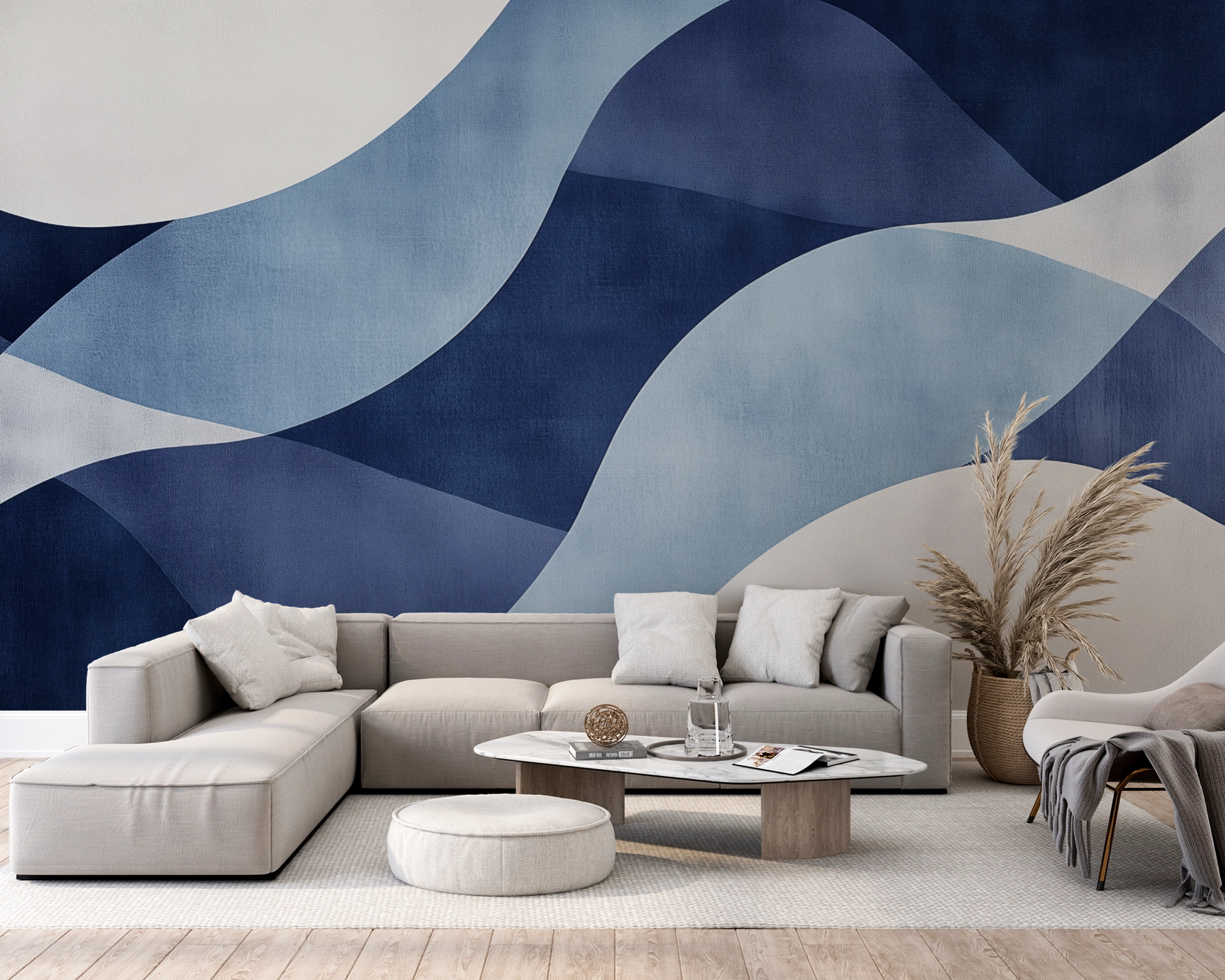 Selbstklebende Tapete Blue Motion mit geometrischem Wellenmuster in Blau