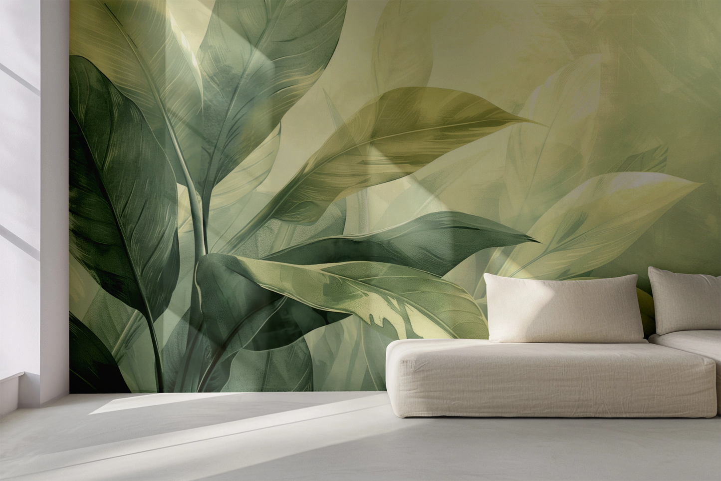 Botanical Calm – Digitale Blätter-Tapete in Grün und Creme für moderne Natur-Interieurs